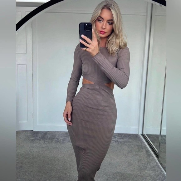 ZARA CUT-OUT RIBBED KNIT DRESS MINK BROWN - Picture 8 of 16